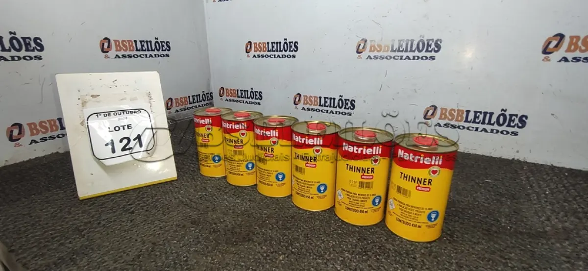 LOTE 121 - 06 LATAS DE THINNER PREMIUM DE 450ML CADA MARCA NATRIELLI. (NO ESTADO) ATENÇÃO! FAZER A VISITAÇÃO ANTES DE ARREMATAR, NÃO SABEMOS SE FUNCIONA, LEILÃO NÃO TEM GARANTIA E NEM DEVOLUÇÃO, SUJEITO A POSSÍVEIS AVARIAS VISÍVEIS/OCULTAS E/OU AUSÊNCIA DE COMPONENTES.