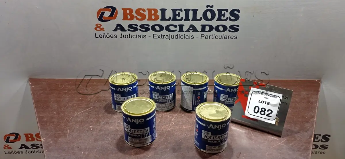 LOTE 082 - 06 LATAS DE TINTA POLIÉSTER DE 900ML CADA NA COR PRATA GEADA MARCA ANJO TINTAS. (NO ESTADO) ATENÇÃO! FAZER A VISITAÇÃO ANTES DE ARREMATAR, NÃO SABEMOS SE FUNCIONA, LEILÃO NÃO TEM GARANTIA E NEM DEVOLUÇÃO, SUJEITO A POSSÍVEIS AVARIAS VISÍVEIS/OCULTAS E/OU AUSÊNCIA DE COMPONENTES.