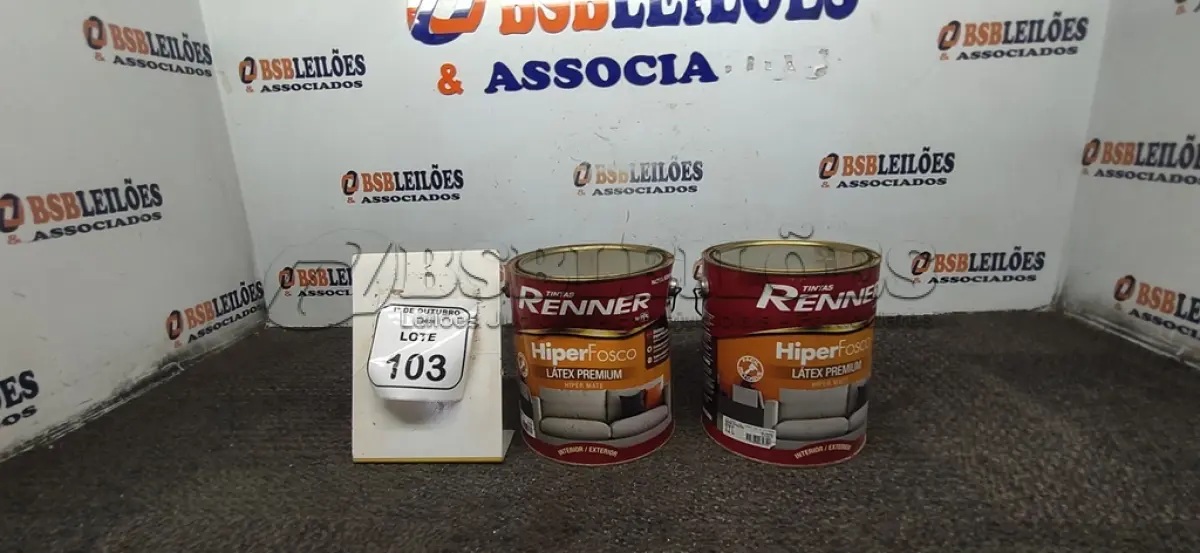 LOTE 103 - 02 BALDES DE TINTA HIPER FOSCO LÁTEX PREMIUM NA COR BASE PASTEL FOSCO DE 3,2L CADA MARCA TINTAS RENNER. (NO ESTADO) ATENÇÃO! FAZER A VISITAÇÃO ANTES DE ARREMATAR, NÃO SABEMOS SE FUNCIONA, LEILÃO NÃO TEM GARANTIA E NEM DEVOLUÇÃO, SUJEITO A POSSÍVEIS AVARIAS VISÍVEIS/OCULTAS E/OU AUSÊNCIA DE COMPONENTES.