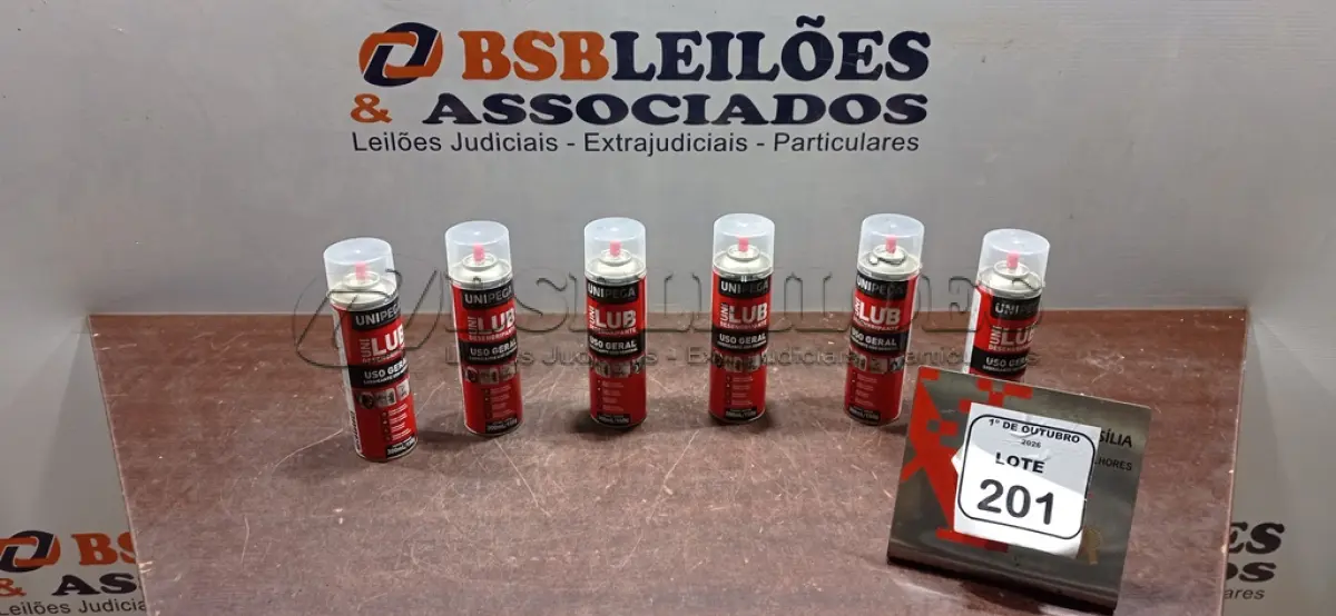 LOTE 201 - 06 LATAS DE DESENGRIPANTE LUBRIFICANTE DE USO GERAL DE 300ML CADA MARCA UNIPEGA. (NO ESTADO) ATENÇÃO! FAZER A VISITAÇÃO ANTES DE ARREMATAR, NÃO SABEMOS SE FUNCIONA, LEILÃO NÃO TEM GARANTIA E NEM DEVOLUÇÃO, SUJEITO A POSSÍVEIS AVARIAS VISÍVEIS/OCULTAS E/OU AUSÊNCIA DE COMPONENTES.