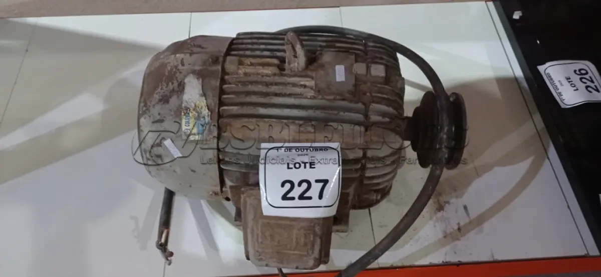 LOTE 227 - 01 MOTOR ELÉTRICO TRIFÁSICO. (NO ESTADO) ATENÇÃO! FAZER A VISITAÇÃO ANTES DE ARREMATAR, NÃO SABEMOS SE FUNCIONA, LEILÃO NÃO TEM GARANTIA E NEM DEVOLUÇÃO, SUJEITO A POSSÍVEIS AVARIAS VISÍVEIS/OCULTAS E/OU AUSÊNCIA DE COMPONENTES.