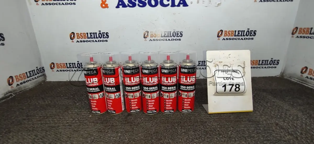LOTE 178 - 06 LATAS DE DESENGRIPANTE LUBRIFICANTE DE USO GERAL DE 300ML CADA MARCA UNIPEGA. (NO ESTADO) ATENÇÃO! FAZER A VISITAÇÃO ANTES DE ARREMATAR, NÃO SABEMOS SE FUNCIONA, LEILÃO NÃO TEM GARANTIA E NEM DEVOLUÇÃO, SUJEITO A POSSÍVEIS AVARIAS VISÍVEIS/OCULTAS E/OU AUSÊNCIA DE COMPONENTES.