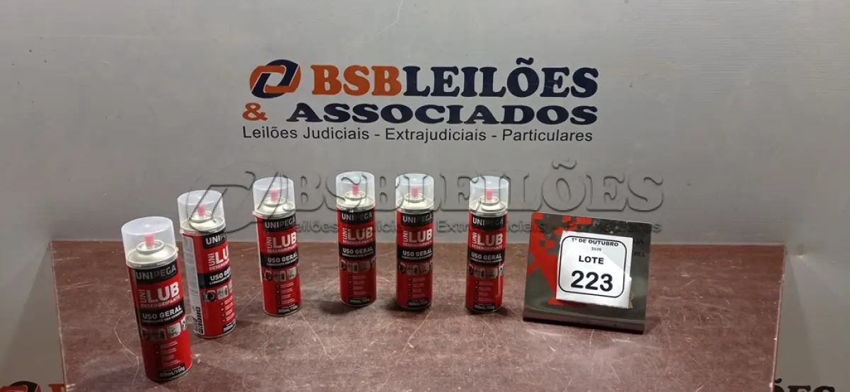 LOTE 223 - 06 LATAS DE DESENGRIPANTE LUBRIFICANTE DE USO GERAL DE 300ML CADA MARCA UNIPEGA. (NO ESTADO) ATENÇÃO! FAZER A VISITAÇÃO ANTES DE ARREMATAR, NÃO SABEMOS SE FUNCIONA, LEILÃO NÃO TEM GARANTIA E NEM DEVOLUÇÃO, SUJEITO A POSSÍVEIS AVARIAS VISÍVEIS/OCULTAS E/OU AUSÊNCIA DE COMPONENTES.