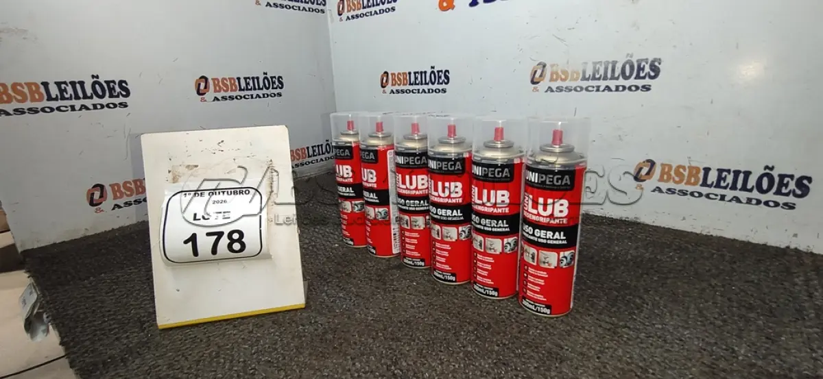 LOTE 178 - 06 LATAS DE DESENGRIPANTE LUBRIFICANTE DE USO GERAL DE 300ML CADA MARCA UNIPEGA. (NO ESTADO) ATENÇÃO! FAZER A VISITAÇÃO ANTES DE ARREMATAR, NÃO SABEMOS SE FUNCIONA, LEILÃO NÃO TEM GARANTIA E NEM DEVOLUÇÃO, SUJEITO A POSSÍVEIS AVARIAS VISÍVEIS/OCULTAS E/OU AUSÊNCIA DE COMPONENTES.