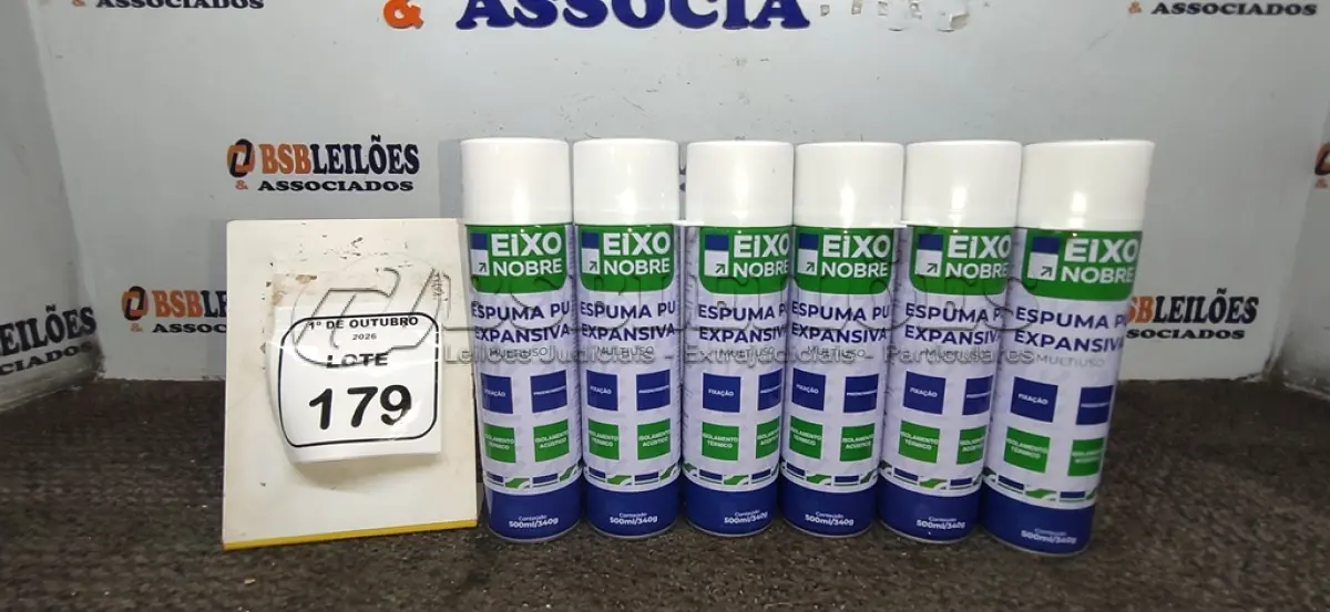 LOTE 179 - 06 UNIDADES DE ESPUMA PU EXPANSIVA DE 500ML CADA MARCA EIXO NOBRE. (NO ESTADO) ATENÇÃO! FAZER A VISITAÇÃO ANTES DE ARREMATAR, NÃO SABEMOS SE FUNCIONA, LEILÃO NÃO TEM GARANTIA E NEM DEVOLUÇÃO, SUJEITO A POSSÍVEIS AVARIAS VISÍVEIS/OCULTAS E/OU AUSÊNCIA DE COMPONENTES.