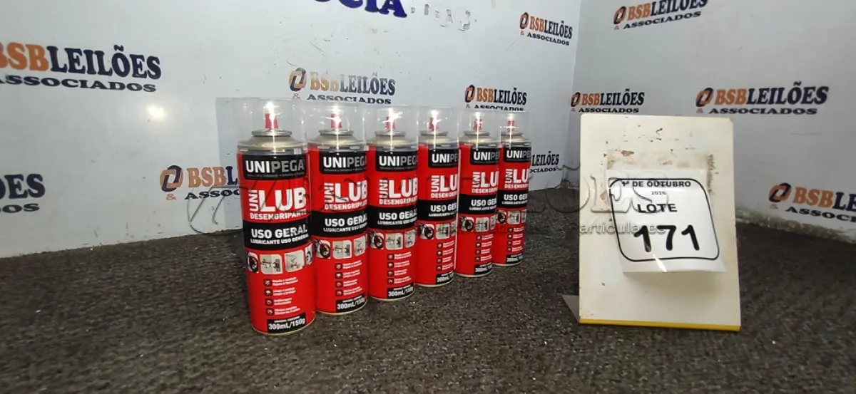 LOTE 171 - 06 LATAS DE DESENGRIPANTE LUBRIFICANTE DE USO GERAL DE 300ML CADA MARCA UNIPEGA. (NO ESTADO) ATENÇÃO! FAZER A VISITAÇÃO ANTES DE ARREMATAR, NÃO SABEMOS SE FUNCIONA, LEILÃO NÃO TEM GARANTIA E NEM DEVOLUÇÃO, SUJEITO A POSSÍVEIS AVARIAS VISÍVEIS/OCULTAS E/OU AUSÊNCIA DE COMPONENTES.