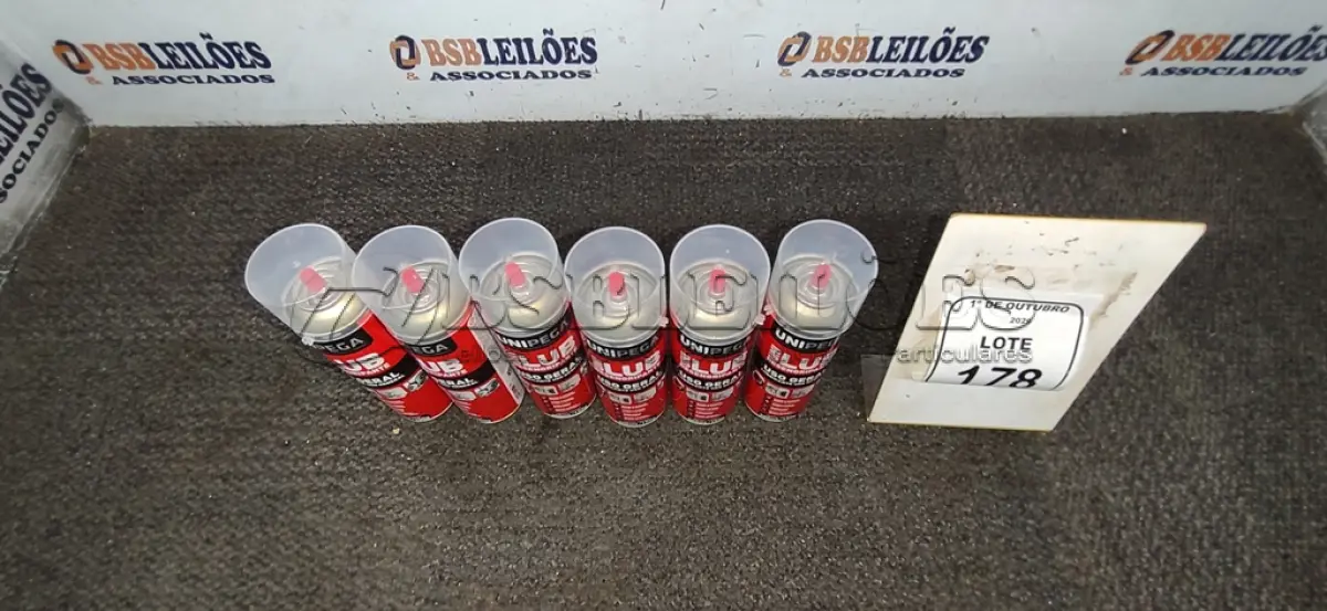 LOTE 178 - 06 LATAS DE DESENGRIPANTE LUBRIFICANTE DE USO GERAL DE 300ML CADA MARCA UNIPEGA. (NO ESTADO) ATENÇÃO! FAZER A VISITAÇÃO ANTES DE ARREMATAR, NÃO SABEMOS SE FUNCIONA, LEILÃO NÃO TEM GARANTIA E NEM DEVOLUÇÃO, SUJEITO A POSSÍVEIS AVARIAS VISÍVEIS/OCULTAS E/OU AUSÊNCIA DE COMPONENTES.