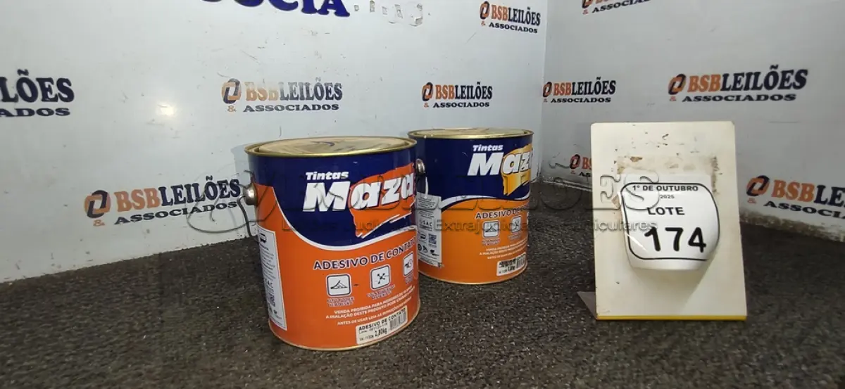 LOTE 174 - 02 LATAS DE ADESIVO DE CONTATO DE 2,80KG CADA MARCA MAZA. (NO ESTADO) ATENÇÃO! FAZER A VISITAÇÃO ANTES DE ARREMATAR, NÃO SABEMOS SE FUNCIONA, LEILÃO NÃO TEM GARANTIA E NEM DEVOLUÇÃO, SUJEITO A POSSÍVEIS AVARIAS VISÍVEIS/OCULTAS E/OU AUSÊNCIA DE COMPONENTES.