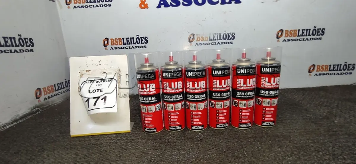 LOTE 171 - 06 LATAS DE DESENGRIPANTE LUBRIFICANTE DE USO GERAL DE 300ML CADA MARCA UNIPEGA. (NO ESTADO) ATENÇÃO! FAZER A VISITAÇÃO ANTES DE ARREMATAR, NÃO SABEMOS SE FUNCIONA, LEILÃO NÃO TEM GARANTIA E NEM DEVOLUÇÃO, SUJEITO A POSSÍVEIS AVARIAS VISÍVEIS/OCULTAS E/OU AUSÊNCIA DE COMPONENTES.