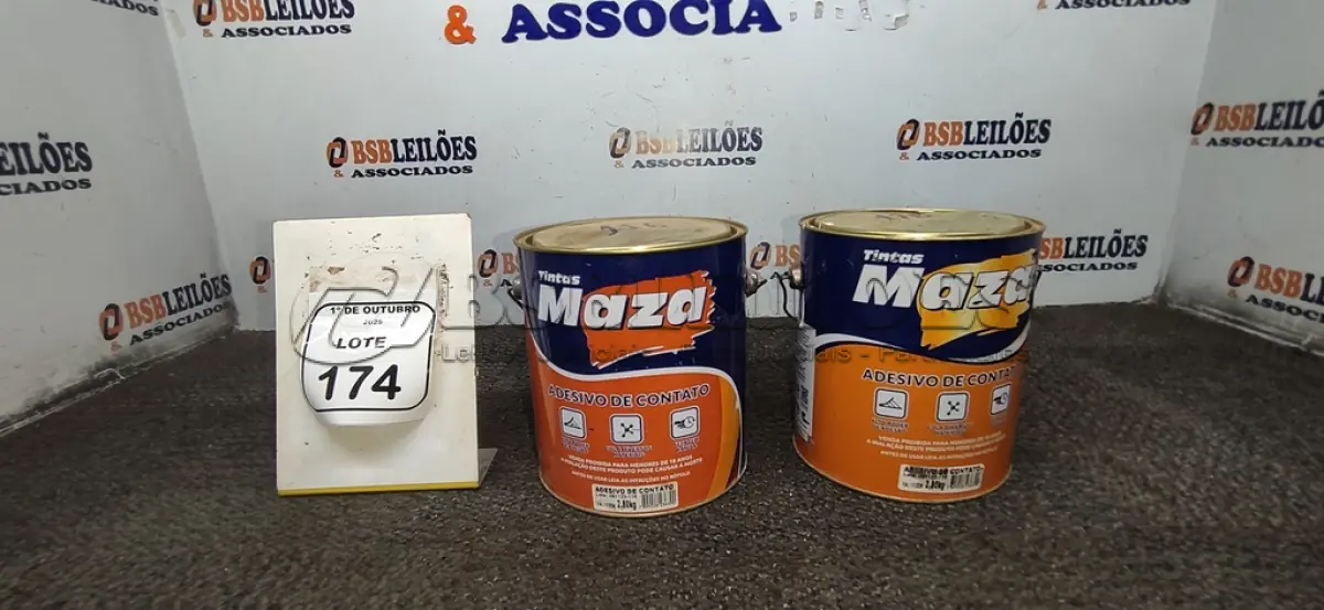 LOTE 174 - 02 LATAS DE ADESIVO DE CONTATO DE 2,80KG CADA MARCA MAZA. (NO ESTADO) ATENÇÃO! FAZER A VISITAÇÃO ANTES DE ARREMATAR, NÃO SABEMOS SE FUNCIONA, LEILÃO NÃO TEM GARANTIA E NEM DEVOLUÇÃO, SUJEITO A POSSÍVEIS AVARIAS VISÍVEIS/OCULTAS E/OU AUSÊNCIA DE COMPONENTES.