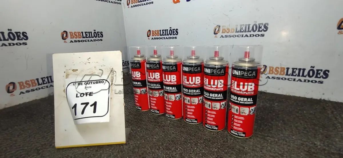 LOTE 171 - 06 LATAS DE DESENGRIPANTE LUBRIFICANTE DE USO GERAL DE 300ML CADA MARCA UNIPEGA. (NO ESTADO) ATENÇÃO! FAZER A VISITAÇÃO ANTES DE ARREMATAR, NÃO SABEMOS SE FUNCIONA, LEILÃO NÃO TEM GARANTIA E NEM DEVOLUÇÃO, SUJEITO A POSSÍVEIS AVARIAS VISÍVEIS/OCULTAS E/OU AUSÊNCIA DE COMPONENTES.