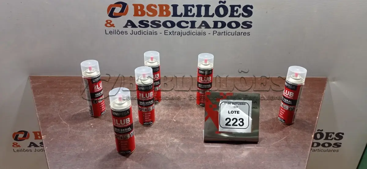 LOTE 223 - 06 LATAS DE DESENGRIPANTE LUBRIFICANTE DE USO GERAL DE 300ML CADA MARCA UNIPEGA. (NO ESTADO) ATENÇÃO! FAZER A VISITAÇÃO ANTES DE ARREMATAR, NÃO SABEMOS SE FUNCIONA, LEILÃO NÃO TEM GARANTIA E NEM DEVOLUÇÃO, SUJEITO A POSSÍVEIS AVARIAS VISÍVEIS/OCULTAS E/OU AUSÊNCIA DE COMPONENTES.