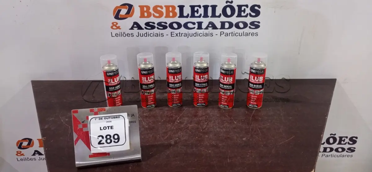 LOTE 289 - 06 LATAS DE DESENGRIPANTE LUBRIFICANTE DE USO GERAL DE 300ML CADA MARCA UNIPEGA. (NO ESTADO) ATENÇÃO! FAZER A VISITAÇÃO ANTES DE ARREMATAR, NÃO SABEMOS SE FUNCIONA, LEILÃO NÃO TEM GARANTIA E NEM DEVOLUÇÃO, SUJEITO A POSSÍVEIS AVARIAS VISÍVEIS/OCULTAS E/OU AUSÊNCIA DE COMPONENTES.