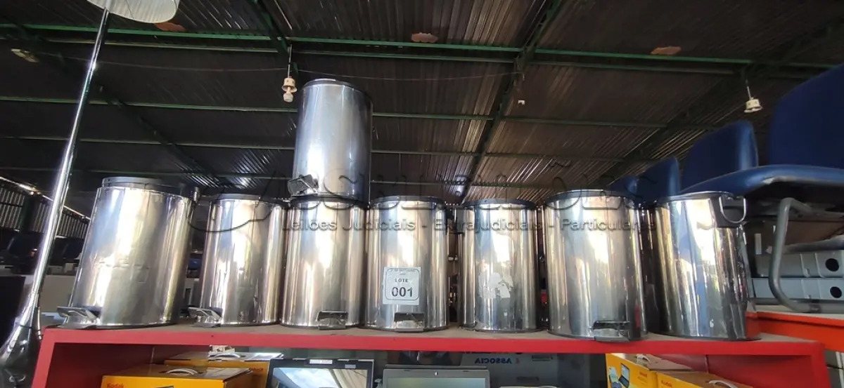 LOTE 001 - 08 LIXEIRAS EM INOX COM PEDAL E CESTO REMOVÍVEL SEM TAMPA. (NO ESTADO) ATENÇÃO! FAZER A VISITAÇÃO ANTES DE ARREMATAR, NÃO SABEMOS SE FUNCIONA, LEILÃO NÃO TEM GARANTIA E NEM DEVOLUÇÃO, SUJEITO A POSSÍVEIS AVARIAS VISÍVEIS/OCULTAS E/OU AUSÊNCIA DE COMPONENTES.