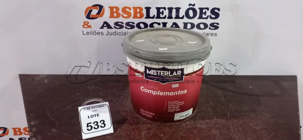 LOTE 533 - 01 BALDE DE TINTA PVA NA COR BRANCA DE 14L MARCA MISTERLAR. (NO ESTADO) ATENÇÃO! FAZER A VISITAÇÃO ANTES DE ARREMATAR, NÃO SABEMOS SE FUNCIONA, LEILÃO NÃO TEM GARANTIA E NEM DEVOLUÇÃO, SUJEITO A POSSÍVEIS AVARIAS VISÍVEIS/OCULTAS E/OU AUSÊNCIA DE COMPONENTES.