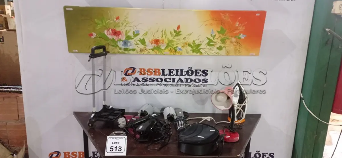 LOTE 513 - 02 PRANCHAS DE CABELO, 01 SECADOR,01 ESCOVA SECADORA COM 02 PENTES, 01 FERRO DE PASSAR, 01 LUMINÁRIA DE MESA, 01 CARRINHO PEQUENO DE TRANSPORTE E 01 QUADRO DECORATIVO DE 1,30X0,30M. (NO ESTADO) ATENÇÃO! FAZER A VISITAÇÃO ANTES DE ARREMATAR, NÃO SABEMOS SE FUNCIONA, LEILÃO NÃO TEM GARANTIA E NEM DEVOLUÇÃO, SUJEITO A POSSÍVEIS AVARIAS VISÍVEIS/OCULTAS E/OU AUSÊNCIA DE COMPONENTES.