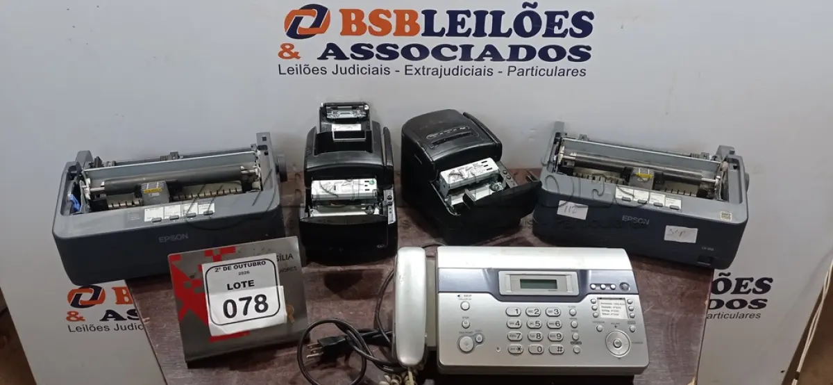LOTE 078 - 01 FAX MODELO KX-FC971 MARCA PANASONIC, 02 IMPRESSORAS TÉRMICAS E 02 IMPRESSORAS MATRICIAIS PARA RETIRADA DE PEÇAS. (NO ESTADO) ATENÇÃO! FAZER A VISITAÇÃO ANTES DE ARREMATAR, NÃO SABEMOS SE FUNCIONA, LEILÃO NÃO TEM GARANTIA E NEM DEVOLUÇÃO, SUJEITO A POSSÍVEIS AVARIAS VISÍVEIS/OCULTAS E/OU AUSÊNCIA DE COMPONENTES.
