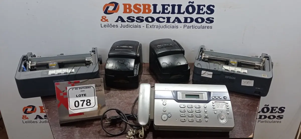 LOTE 078 - 01 FAX MODELO KX-FC971 MARCA PANASONIC, 02 IMPRESSORAS TÉRMICAS E 02 IMPRESSORAS MATRICIAIS PARA RETIRADA DE PEÇAS. (NO ESTADO) ATENÇÃO! FAZER A VISITAÇÃO ANTES DE ARREMATAR, NÃO SABEMOS SE FUNCIONA, LEILÃO NÃO TEM GARANTIA E NEM DEVOLUÇÃO, SUJEITO A POSSÍVEIS AVARIAS VISÍVEIS/OCULTAS E/OU AUSÊNCIA DE COMPONENTES.