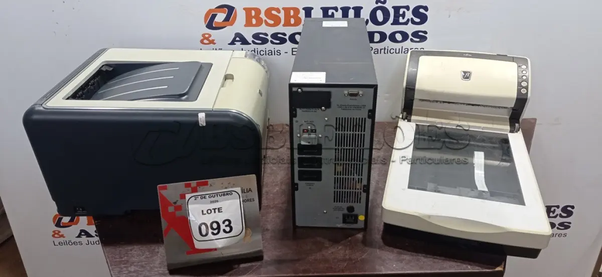 LOTE 093 - 01 IMPRESSORA MODELO COLOR LASERJET CP1515N MARCA HP, 01 NOBREAK DE 1684VA MRCA SMS E 02 SCANNERS. (NO ESTADO) ATENÇÃO! FAZER A VISITAÇÃO ANTES DE ARREMATAR, NÃO SABEMOS SE FUNCIONA, LEILÃO NÃO TEM GARANTIA E NEM DEVOLUÇÃO, SUJEITO A POSSÍVEIS AVARIAS VISÍVEIS/OCULTAS E/OU AUSÊNCIA DE COMPONENTES.
