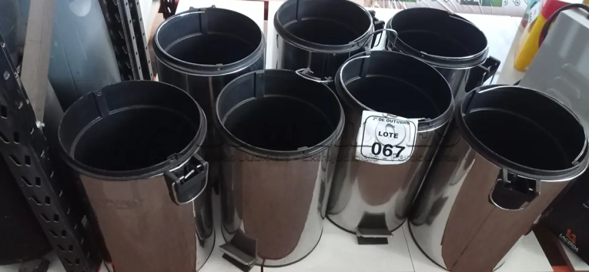 LOTE 067 - 07 LIXEIRAS EM INOX COM PEDAL E CESTO REMOVÍVEL SEM TAMPA. (NO ESTADO) ATENÇÃO! FAZER A VISITAÇÃO ANTES DE ARREMATAR, NÃO SABEMOS SE FUNCIONA, LEILÃO NÃO TEM GARANTIA E NEM DEVOLUÇÃO, SUJEITO A POSSÍVEIS AVARIAS VISÍVEIS/OCULTAS E/OU AUSÊNCIA DE COMPONENTES.