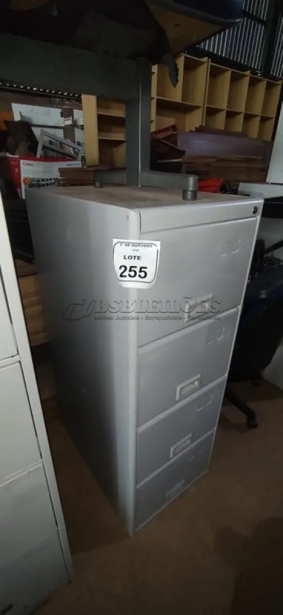 LOTE 255 - 01 ARQUIVO DE AÇO COM 04 GAVETAS. (NO ESTADO) ATENÇÃO! FAZER A VISITAÇÃO ANTES DE ARREMATAR, NÃO SABEMOS SE FUNCIONA, LEILÃO NÃO TEM GARANTIA E NEM DEVOLUÇÃO, SUJEITO A POSSÍVEIS AVARIAS VISÍVEIS/OCULTAS E/OU AUSÊNCIA DE COMPONENTES.