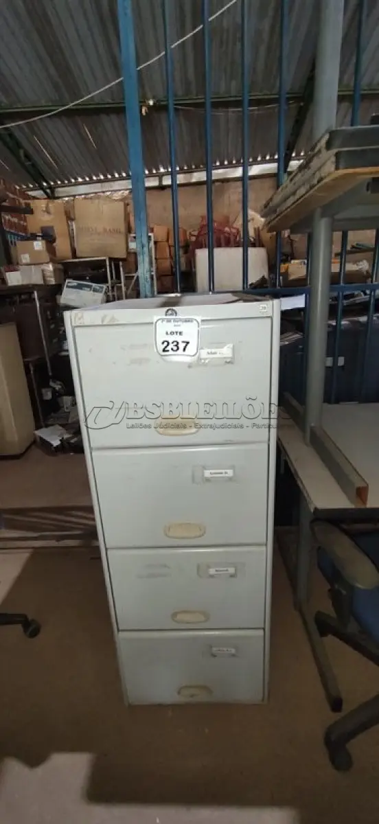 LOTE 237 - 01 ARQUIVO DE AÇO COM 04 GAVETAS. (NO ESTADO) ATENÇÃO! FAZER A VISITAÇÃO ANTES DE ARREMATAR, NÃO SABEMOS SE FUNCIONA, LEILÃO NÃO TEM GARANTIA E NEM DEVOLUÇÃO, SUJEITO A POSSÍVEIS AVARIAS VISÍVEIS/OCULTAS E/OU AUSÊNCIA DE COMPONENTES.