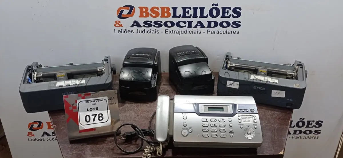 LOTE 078 - 01 FAX MODELO KX-FC971 MARCA PANASONIC, 02 IMPRESSORAS TÉRMICAS E 02 IMPRESSORAS MATRICIAIS PARA RETIRADA DE PEÇAS. (NO ESTADO) ATENÇÃO! FAZER A VISITAÇÃO ANTES DE ARREMATAR, NÃO SABEMOS SE FUNCIONA, LEILÃO NÃO TEM GARANTIA E NEM DEVOLUÇÃO, SUJEITO A POSSÍVEIS AVARIAS VISÍVEIS/OCULTAS E/OU AUSÊNCIA DE COMPONENTES.