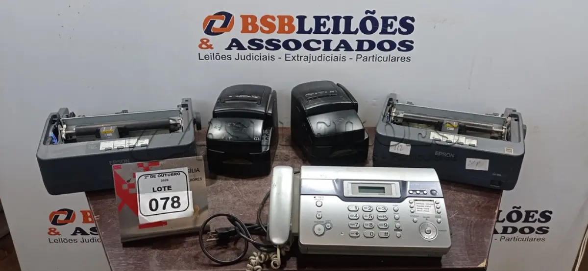 LOTE 078 - 01 FAX MODELO KX-FC971 MARCA PANASONIC, 02 IMPRESSORAS TÉRMICAS E 02 IMPRESSORAS MATRICIAIS PARA RETIRADA DE PEÇAS. (NO ESTADO) ATENÇÃO! FAZER A VISITAÇÃO ANTES DE ARREMATAR, NÃO SABEMOS SE FUNCIONA, LEILÃO NÃO TEM GARANTIA E NEM DEVOLUÇÃO, SUJEITO A POSSÍVEIS AVARIAS VISÍVEIS/OCULTAS E/OU AUSÊNCIA DE COMPONENTES.