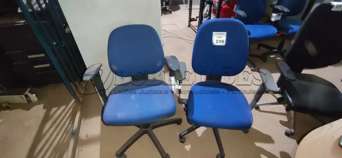 LOTE 239 - 02 CADEIRAS DE ESCRITÓRIO GIRATÓRIA. (NO ESTADO) ATENÇÃO! FAZER A VISITAÇÃO ANTES DE ARREMATAR, NÃO SABEMOS SE FUNCIONA, LEILÃO NÃO TEM GARANTIA E NEM DEVOLUÇÃO, SUJEITO A POSSÍVEIS AVARIAS VISÍVEIS/OCULTAS E/OU AUSÊNCIA DE COMPONENTES.