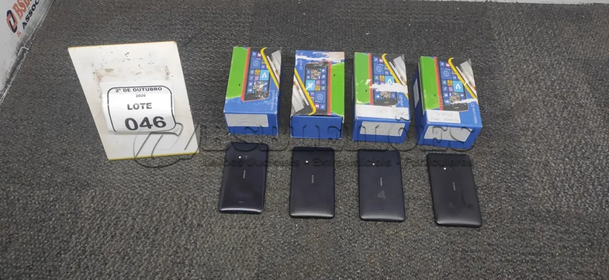 LOTE 046 - 04 CELULARES MODELO LUMIA 625 MARCA NOKIA. (NO ESTADO) ATENÇÃO! FAZER A VISITAÇÃO ANTES DE ARREMATAR, NÃO SABEMOS SE FUNCIONA, LEILÃO NÃO TEM GARANTIA E NEM DEVOLUÇÃO, SUJEITO A POSSÍVEIS AVARIAS VISÍVEIS/OCULTAS E/OU AUSÊNCIA DE COMPONENTES.
