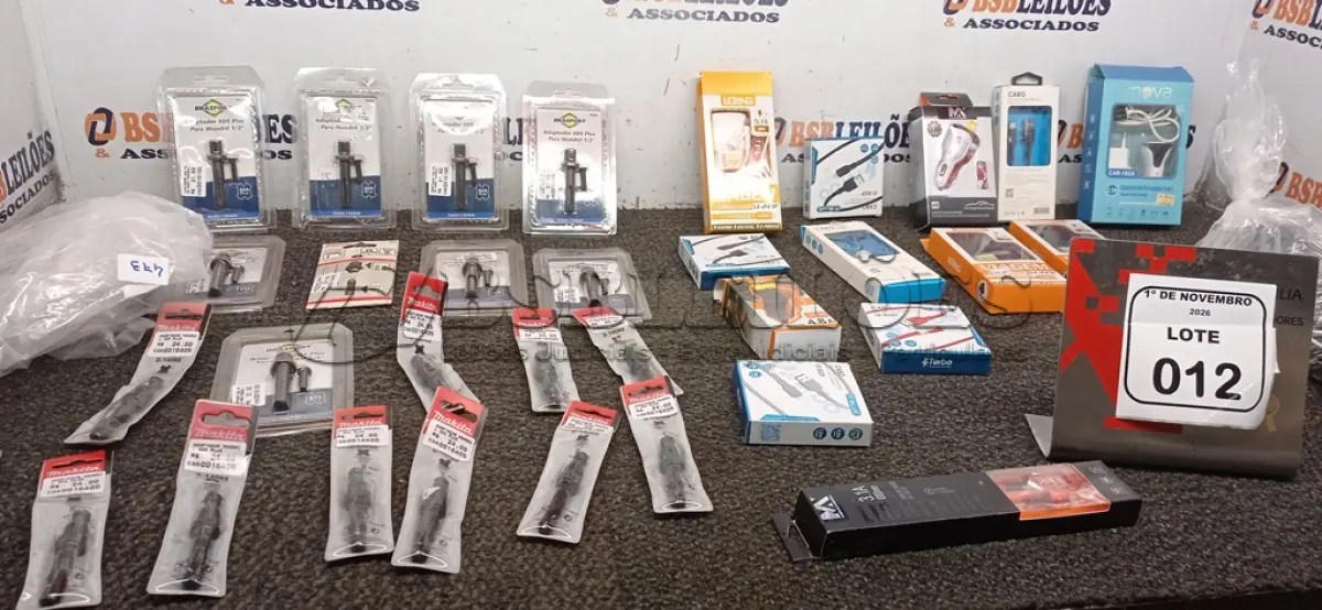 LOTE 012 - 01 LOTE COM GRANDE QUANTIDADE DE REBITE DE REPUXO, 31 ADAPTADORES SDS MANDRIL E VÁRIOS CARREGADORES VEICULARES E CABOS DIVERSOS. (NO ESTADO) ATENÇÃO! FAZER A VISITAÇÃO ANTES DE ARREMATAR, NÃO SABEMOS SE FUNCIONA, LEILÃO NÃO TEM GARANTIA E NEM DEVOLUÇÃO, SUJEITO A POSSÍVEIS AVARIAS VISÍVEIS/OCULTAS E/OU AUSÊNCIA DE COMPONENTES.