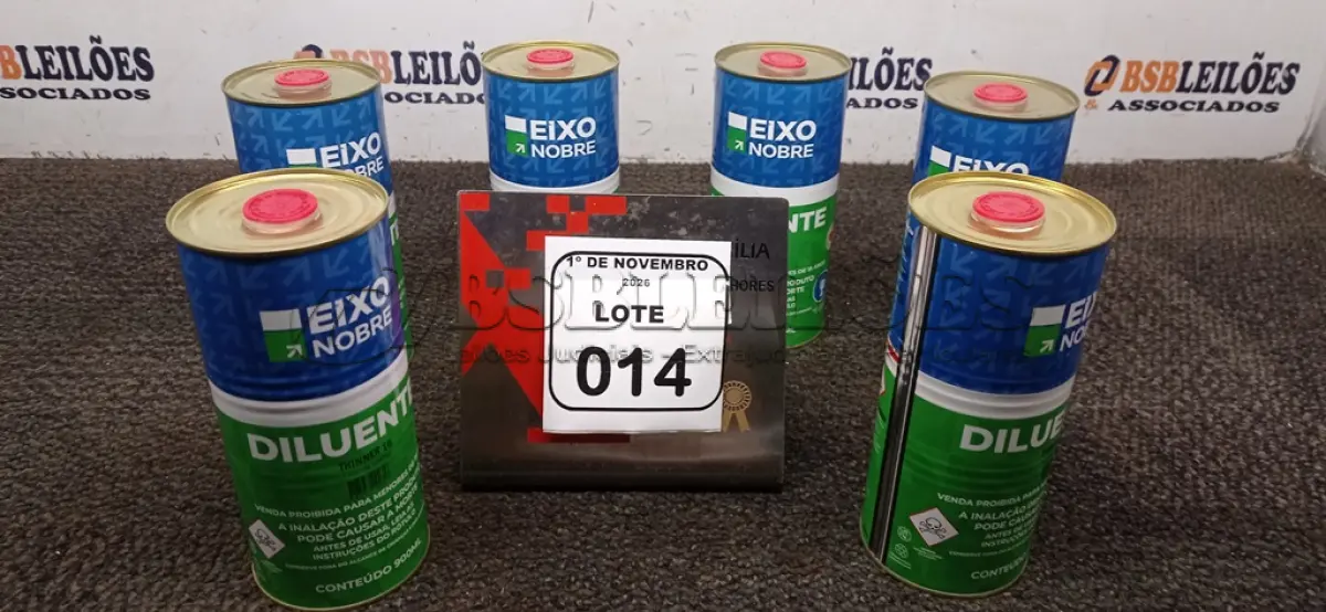 LOTE 014 - 06 LATAS DE DILUENTE THINNER 16 DE 900ML CADA MARCA EIXO NOBRE. (NO ESTADO) ATENÇÃO! FAZER A VISITAÇÃO ANTES DE ARREMATAR, NÃO SABEMOS SE FUNCIONA, LEILÃO NÃO TEM GARANTIA E NEM DEVOLUÇÃO, SUJEITO A POSSÍVEIS AVARIAS VISÍVEIS/OCULTAS E/OU AUSÊNCIA DE COMPONENTES.