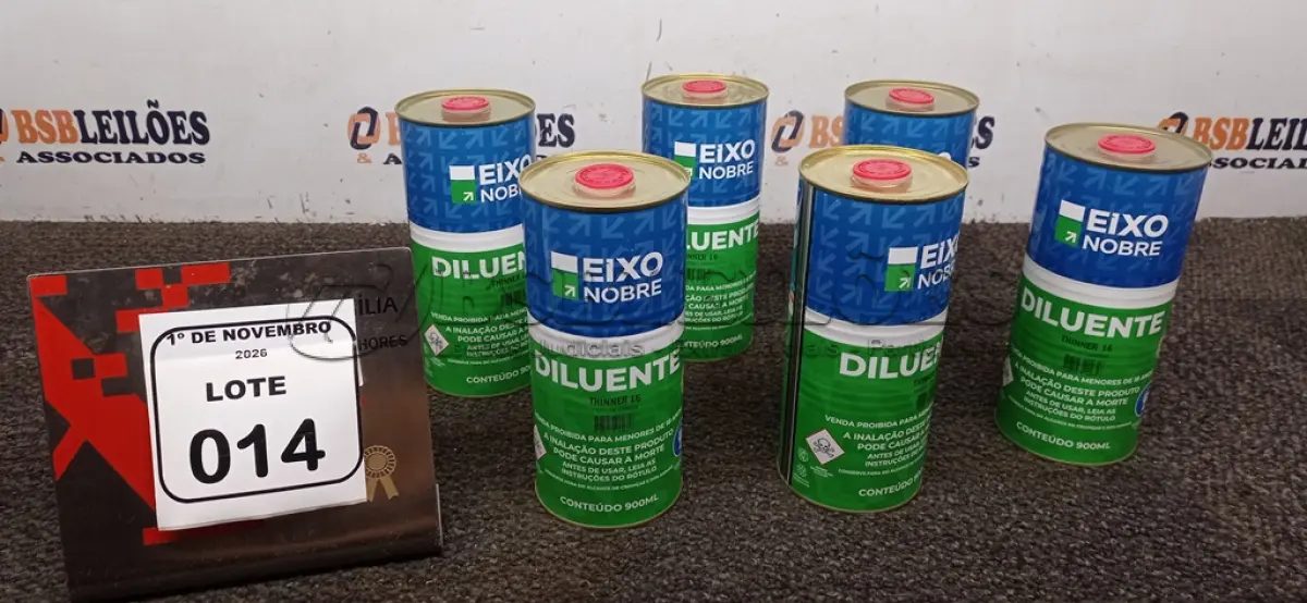 LOTE 014 - 06 LATAS DE DILUENTE THINNER 16 DE 900ML CADA MARCA EIXO NOBRE. (NO ESTADO) ATENÇÃO! FAZER A VISITAÇÃO ANTES DE ARREMATAR, NÃO SABEMOS SE FUNCIONA, LEILÃO NÃO TEM GARANTIA E NEM DEVOLUÇÃO, SUJEITO A POSSÍVEIS AVARIAS VISÍVEIS/OCULTAS E/OU AUSÊNCIA DE COMPONENTES.