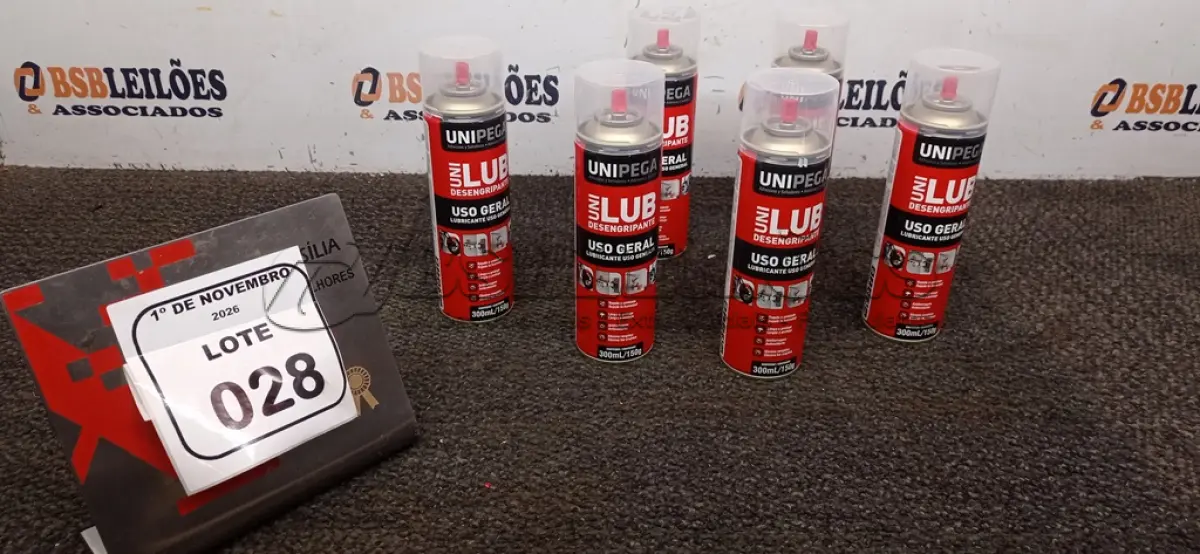 LOTE 028 - 06 LATAS DE DESENGRIPANTE LUBRIFICANTE DE USO GERAL DE 300ML CADA MARCA UNIPEGA. (NO ESTADO) ATENÇÃO! FAZER A VISITAÇÃO ANTES DE ARREMATAR, NÃO SABEMOS SE FUNCIONA, LEILÃO NÃO TEM GARANTIA E NEM DEVOLUÇÃO, SUJEITO A POSSÍVEIS AVARIAS VISÍVEIS/OCULTAS E/OU AUSÊNCIA DE COMPONENTES.