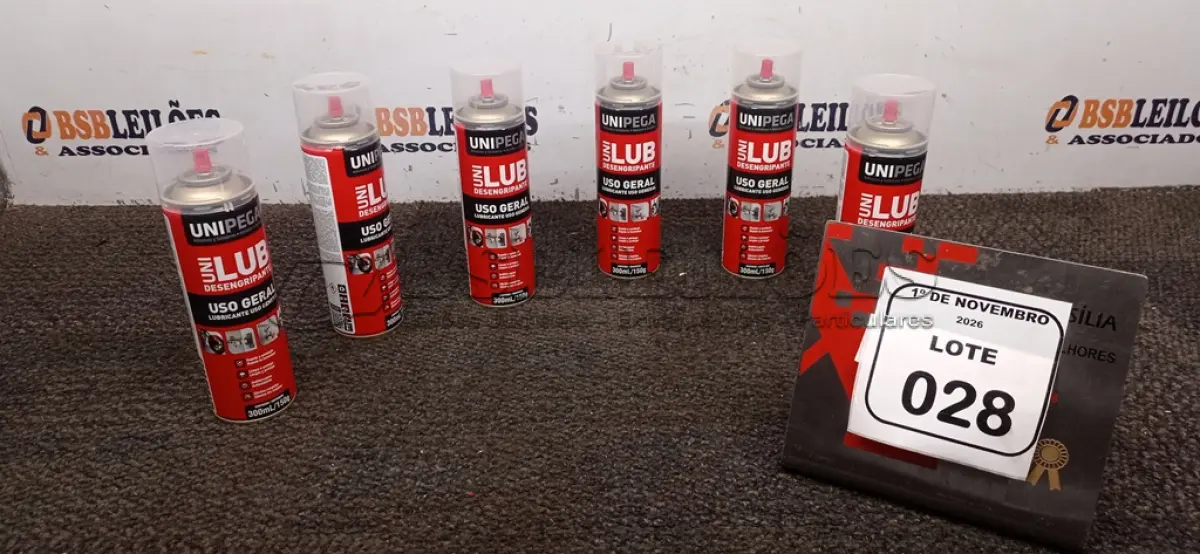 LOTE 028 - 06 LATAS DE DESENGRIPANTE LUBRIFICANTE DE USO GERAL DE 300ML CADA MARCA UNIPEGA. (NO ESTADO) ATENÇÃO! FAZER A VISITAÇÃO ANTES DE ARREMATAR, NÃO SABEMOS SE FUNCIONA, LEILÃO NÃO TEM GARANTIA E NEM DEVOLUÇÃO, SUJEITO A POSSÍVEIS AVARIAS VISÍVEIS/OCULTAS E/OU AUSÊNCIA DE COMPONENTES.