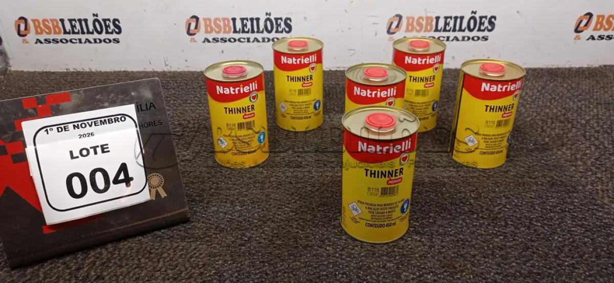 LOTE 004 - 06 LATAS DE THINNER PREMIUM DE 450ML CADA MARCA NATRIELLI. (NO ESTADO) ATENÇÃO! FAZER A VISITAÇÃO ANTES DE ARREMATAR, NÃO SABEMOS SE FUNCIONA, LEILÃO NÃO TEM GARANTIA E NEM DEVOLUÇÃO, SUJEITO A POSSÍVEIS AVARIAS VISÍVEIS/OCULTAS E/OU AUSÊNCIA DE COMPONENTES.