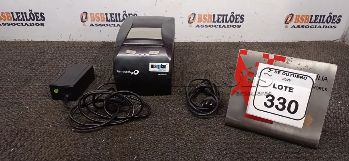 LOTE 330 - 01 IMPRESSORA TÉRMICA MARCA BEMATECH COM FONTE. (NO ESTADO) ATENÇÃO! FAZER A VISITAÇÃO ANTES DE ARREMATAR, NÃO SABEMOS SE FUNCIONA, LEILÃO NÃO TEM GARANTIA E NEM DEVOLUÇÃO, SUJEITO A POSSÍVEIS AVARIAS VISÍVEIS/OCULTAS E/OU AUSÊNCIA DE COMPONENTES.