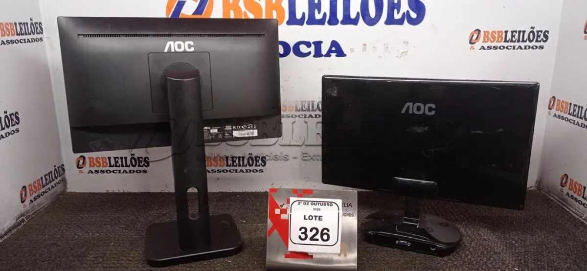 LOTE 326 - 02 MONITORES MARCA AOC. (NO ESTADO) ATENÇÃO! FAZER A VISITAÇÃO ANTES DE ARREMATAR, NÃO SABEMOS SE FUNCIONA, LEILÃO NÃO TEM GARANTIA E NEM DEVOLUÇÃO, SUJEITO A POSSÍVEIS AVARIAS VISÍVEIS/OCULTAS E/OU AUSÊNCIA DE COMPONENTES.
