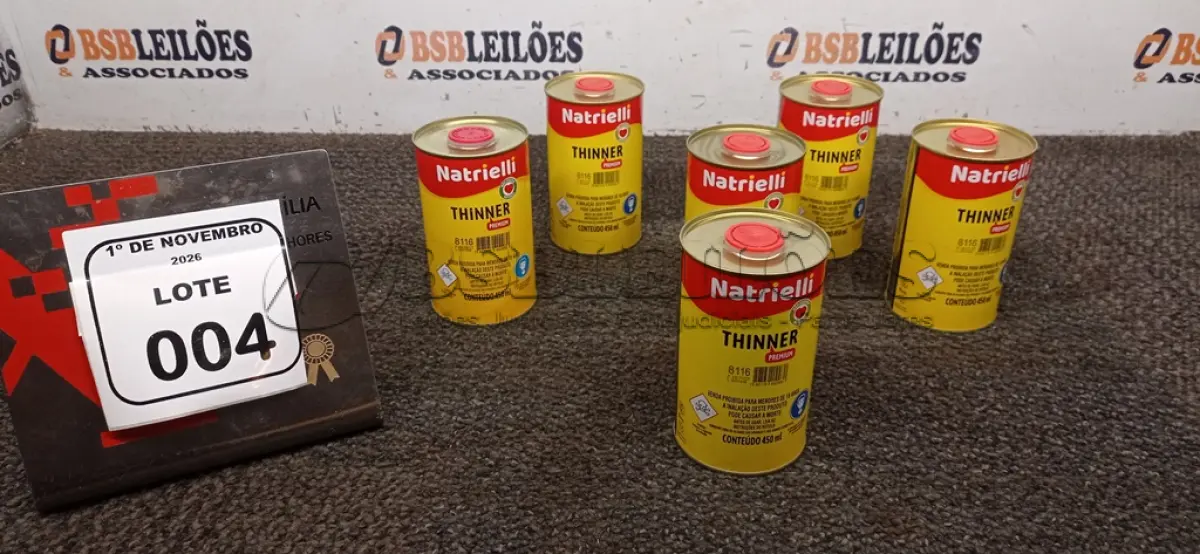 LOTE 004 - 06 LATAS DE THINNER PREMIUM DE 450ML CADA MARCA NATRIELLI. (NO ESTADO) ATENÇÃO! FAZER A VISITAÇÃO ANTES DE ARREMATAR, NÃO SABEMOS SE FUNCIONA, LEILÃO NÃO TEM GARANTIA E NEM DEVOLUÇÃO, SUJEITO A POSSÍVEIS AVARIAS VISÍVEIS/OCULTAS E/OU AUSÊNCIA DE COMPONENTES.