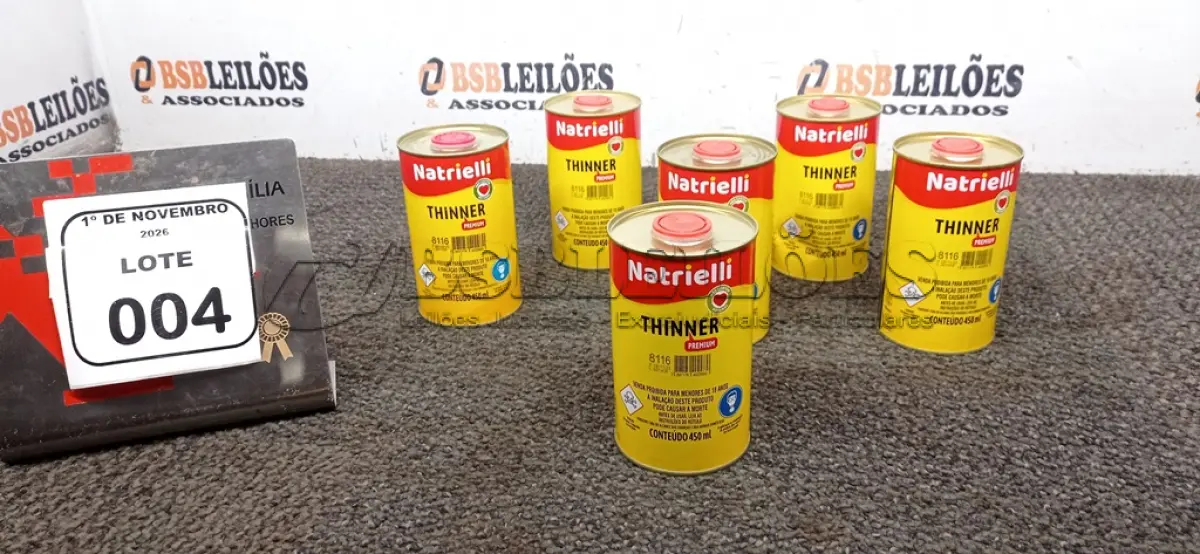LOTE 004 - 06 LATAS DE THINNER PREMIUM DE 450ML CADA MARCA NATRIELLI. (NO ESTADO) ATENÇÃO! FAZER A VISITAÇÃO ANTES DE ARREMATAR, NÃO SABEMOS SE FUNCIONA, LEILÃO NÃO TEM GARANTIA E NEM DEVOLUÇÃO, SUJEITO A POSSÍVEIS AVARIAS VISÍVEIS/OCULTAS E/OU AUSÊNCIA DE COMPONENTES.