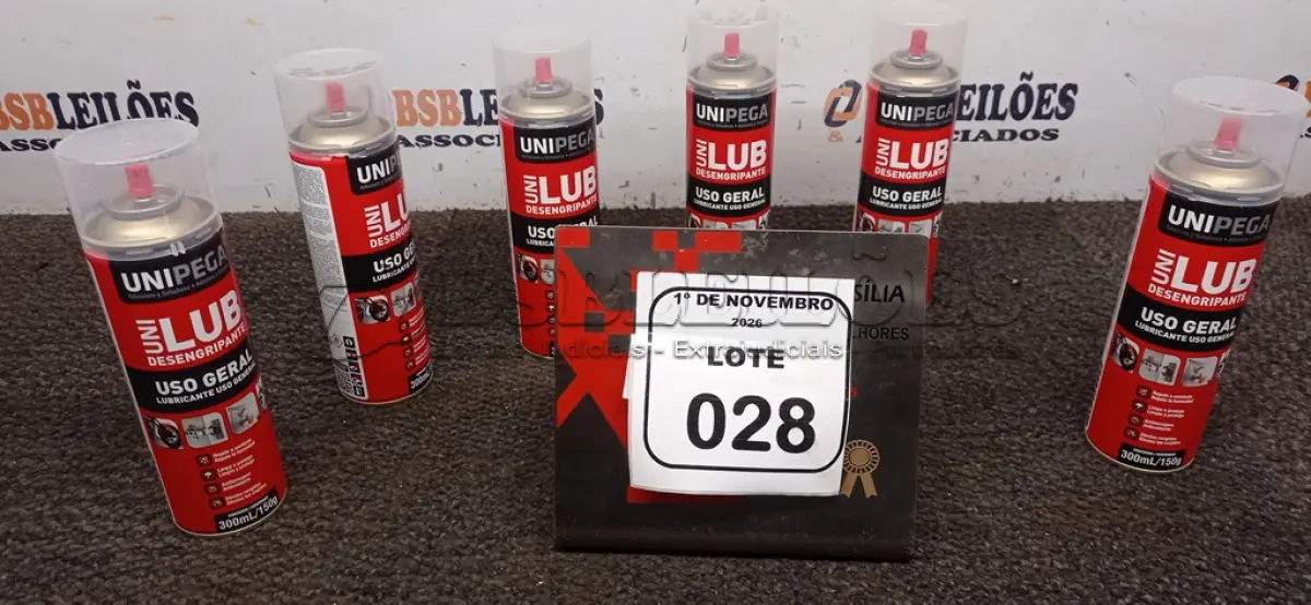 LOTE 028 - 06 LATAS DE DESENGRIPANTE LUBRIFICANTE DE USO GERAL DE 300ML CADA MARCA UNIPEGA. (NO ESTADO) ATENÇÃO! FAZER A VISITAÇÃO ANTES DE ARREMATAR, NÃO SABEMOS SE FUNCIONA, LEILÃO NÃO TEM GARANTIA E NEM DEVOLUÇÃO, SUJEITO A POSSÍVEIS AVARIAS VISÍVEIS/OCULTAS E/OU AUSÊNCIA DE COMPONENTES.