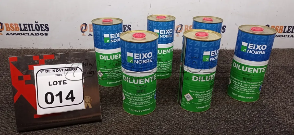 LOTE 014 - 06 LATAS DE DILUENTE THINNER 16 DE 900ML CADA MARCA EIXO NOBRE. (NO ESTADO) ATENÇÃO! FAZER A VISITAÇÃO ANTES DE ARREMATAR, NÃO SABEMOS SE FUNCIONA, LEILÃO NÃO TEM GARANTIA E NEM DEVOLUÇÃO, SUJEITO A POSSÍVEIS AVARIAS VISÍVEIS/OCULTAS E/OU AUSÊNCIA DE COMPONENTES.