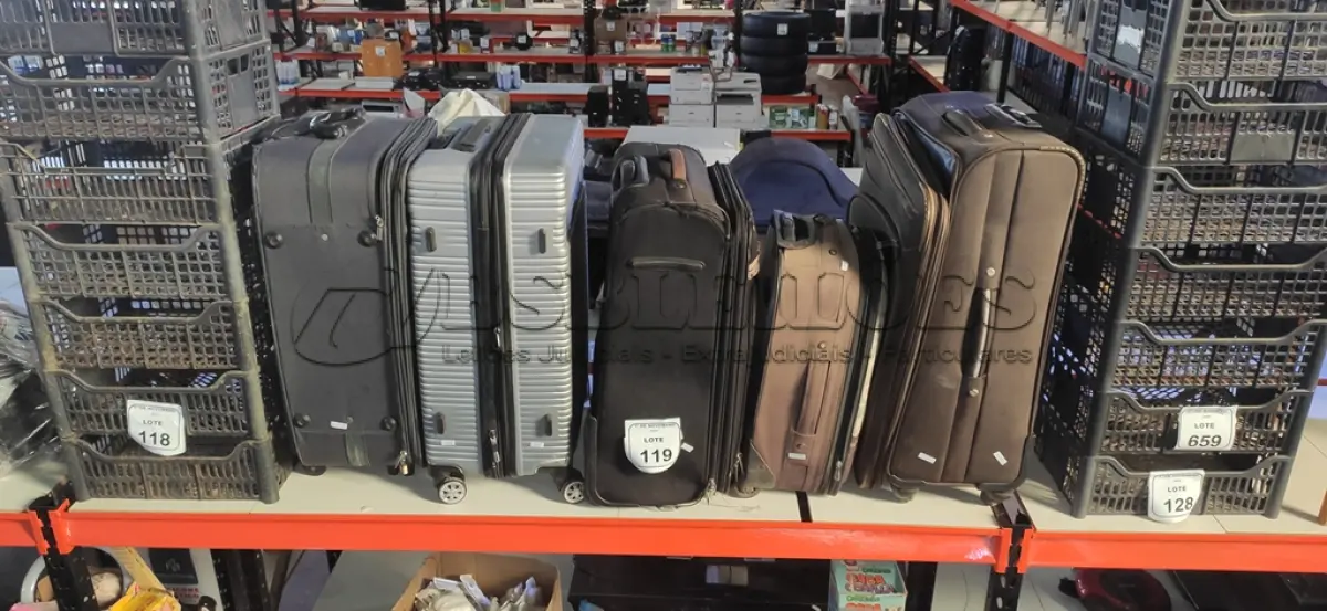 LOTE 119 - 05 MALAS DE VIAGEM DE MODELOS DIVERSOS. (NO ESTADO) ATENÇÃO! FAZER A VISITAÇÃO ANTES DE ARREMATAR, NÃO SABEMOS SE FUNCIONA, LEILÃO NÃO TEM GARANTIA E NEM DEVOLUÇÃO, SUJEITO A POSSÍVEIS AVARIAS VISÍVEIS/OCULTAS E/OU AUSÊNCIA DE COMPONENTES.