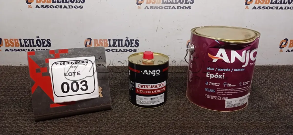 LOTE 003 - 01 LATA DE EPÓXI PDA BRANCO DE 2,7L MARCA E 01 LATA DE CATALIZADOR ESM ALTA PERFORMANCE DE 900ML MARCA ANJO TINTAS. (NO ESTADO) ATENÇÃO! FAZER A VISITAÇÃO ANTES DE ARREMATAR, NÃO SABEMOS SE FUNCIONA, LEILÃO NÃO TEM GARANTIA E NEM DEVOLUÇÃO, SUJEITO A POSSÍVEIS AVARIAS VISÍVEIS/OCULTAS E/OU AUSÊNCIA DE COMPONENTES.