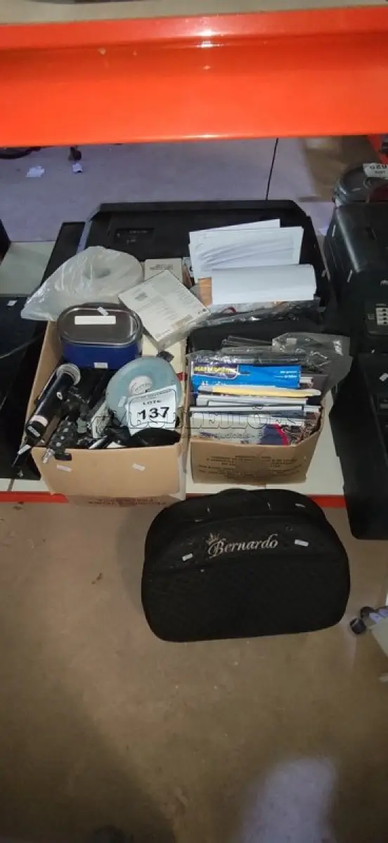 LOTE 137 - 01 LOTE COM VÁRIOS TRIPÉS DE CÂMERA, MICROFONES, 01 TRANSDUTOR GAMER MARCA BUTTKIKCER, 01 CUBA ULTRASSÔNICA E GRANDE QUANTIDADE DE CONTROLES REMOTOS, FOLHAS DE PAPEL, PASTAS E LIVROS DIVERSOS. (NO ESTADO) ATENÇÃO! FAZER A VISITAÇÃO ANTES DE ARREMATAR, NÃO SABEMOS SE FUNCIONA, LEILÃO NÃO TEM GARANTIA E NEM DEVOLUÇÃO, SUJEITO A POSSÍVEIS AVARIAS VISÍVEIS/OCULTAS E/OU AUSÊNCIA DE COMPONENTES.