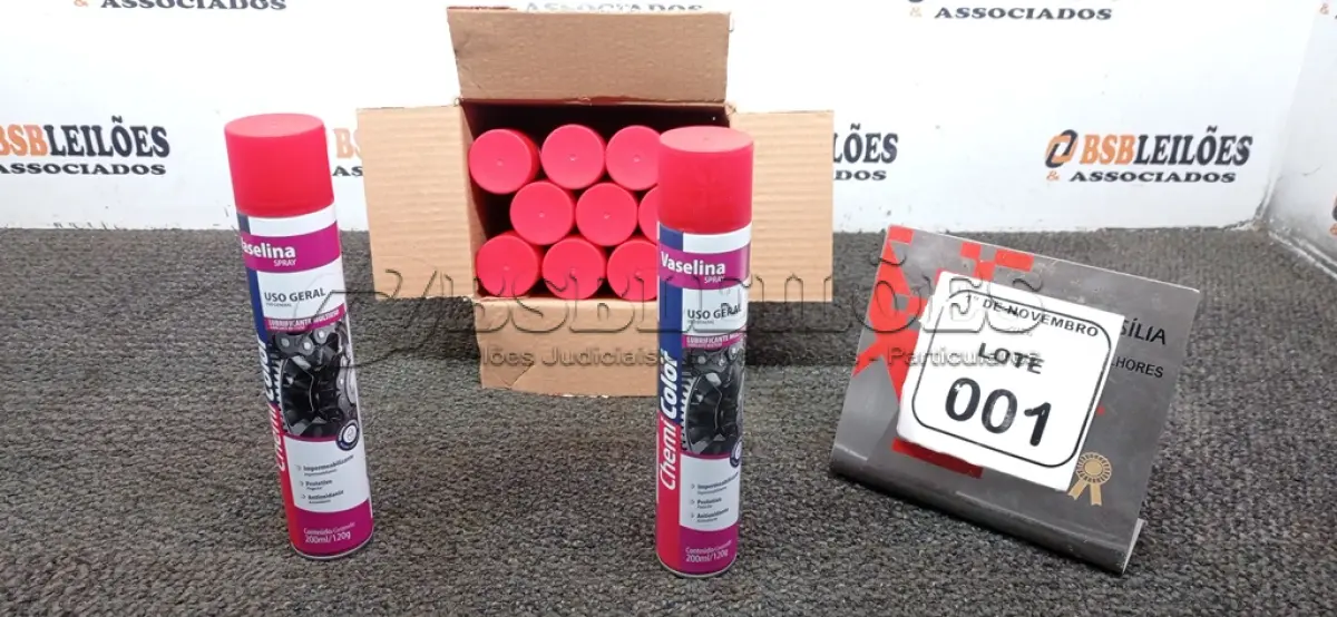 LOTE 001 - 12 UNIDADES DE VASELINA SPRAY USO GERAL DE 200ML CADA MARCA CHEMI COLOR. (NO ESTADO) ATENÇÃO! FAZER A VISITAÇÃO ANTES DE ARREMATAR, NÃO SABEMOS SE FUNCIONA, LEILÃO NÃO TEM GARANTIA E NEM DEVOLUÇÃO, SUJEITO A POSSÍVEIS AVARIAS VISÍVEIS/OCULTAS E/OU AUSÊNCIA DE COMPONENTES.