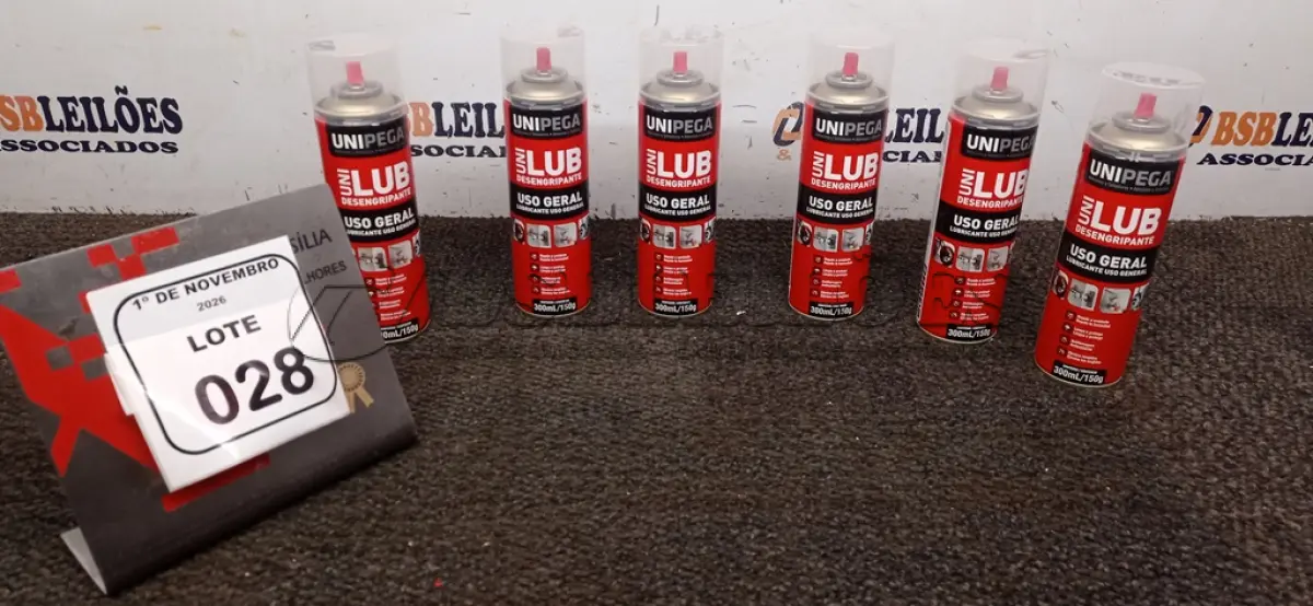 LOTE 028 - 06 LATAS DE DESENGRIPANTE LUBRIFICANTE DE USO GERAL DE 300ML CADA MARCA UNIPEGA. (NO ESTADO) ATENÇÃO! FAZER A VISITAÇÃO ANTES DE ARREMATAR, NÃO SABEMOS SE FUNCIONA, LEILÃO NÃO TEM GARANTIA E NEM DEVOLUÇÃO, SUJEITO A POSSÍVEIS AVARIAS VISÍVEIS/OCULTAS E/OU AUSÊNCIA DE COMPONENTES.