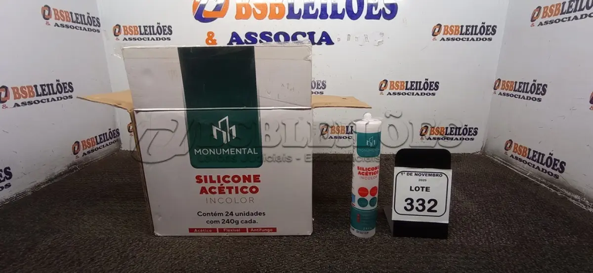 LOTE 332 - 24 UNIDADES DE SILICONE ACÉTICO INCOLOR DE 240G CADA MARCA MONUMENTAL. (NO ESTADO) ATENÇÃO! FAZER A VISITAÇÃO ANTES DE ARREMATAR, NÃO SABEMOS SE FUNCIONA, LEILÃO NÃO TEM GARANTIA E NEM DEVOLUÇÃO, SUJEITO A POSSÍVEIS AVARIAS VISÍVEIS/OCULTAS E/OU AUSÊNCIA DE COMPONENTES.