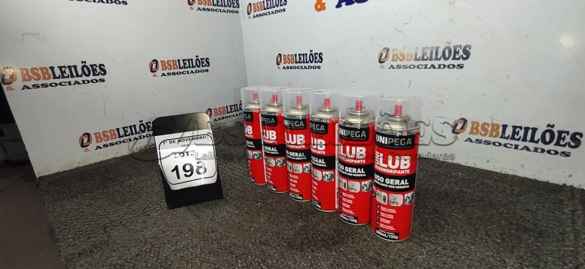 LOTE 198 - 06 LATAS DE DESENGRIPANTE LUBRIFICANTE DE USO GERAL DE 300ML CADA MARCA UNIPEGA. (NO ESTADO) ATENÇÃO! FAZER A VISITAÇÃO ANTES DE ARREMATAR, NÃO SABEMOS SE FUNCIONA, LEILÃO NÃO TEM GARANTIA E NEM DEVOLUÇÃO, SUJEITO A POSSÍVEIS AVARIAS VISÍVEIS/OCULTAS E/OU AUSÊNCIA DE COMPONENTES.