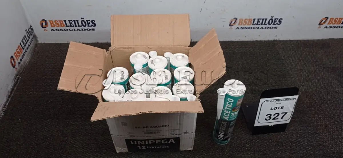 LOTE 327 - 12 UNIDADES DE SILICONE ACÉTICO DE 280ML CADA MARCA UNIPEGA. (NO ESTADO) ATENÇÃO! FAZER A VISITAÇÃO ANTES DE ARREMATAR, NÃO SABEMOS SE FUNCIONA, LEILÃO NÃO TEM GARANTIA E NEM DEVOLUÇÃO, SUJEITO A POSSÍVEIS AVARIAS VISÍVEIS/OCULTAS E/OU AUSÊNCIA DE COMPONENTES.